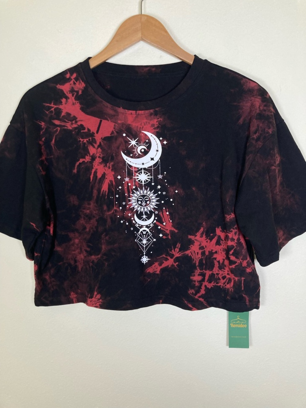 Celestial Sun Moon Tie Dye Cropped Tee Black Red Witchy Boho Graphic Top M